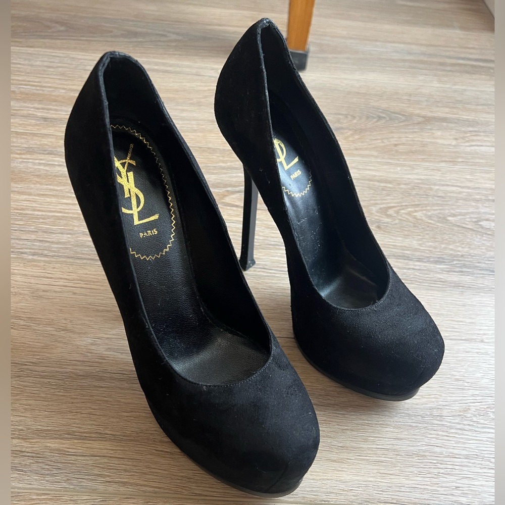 YSL black platform heel pumps